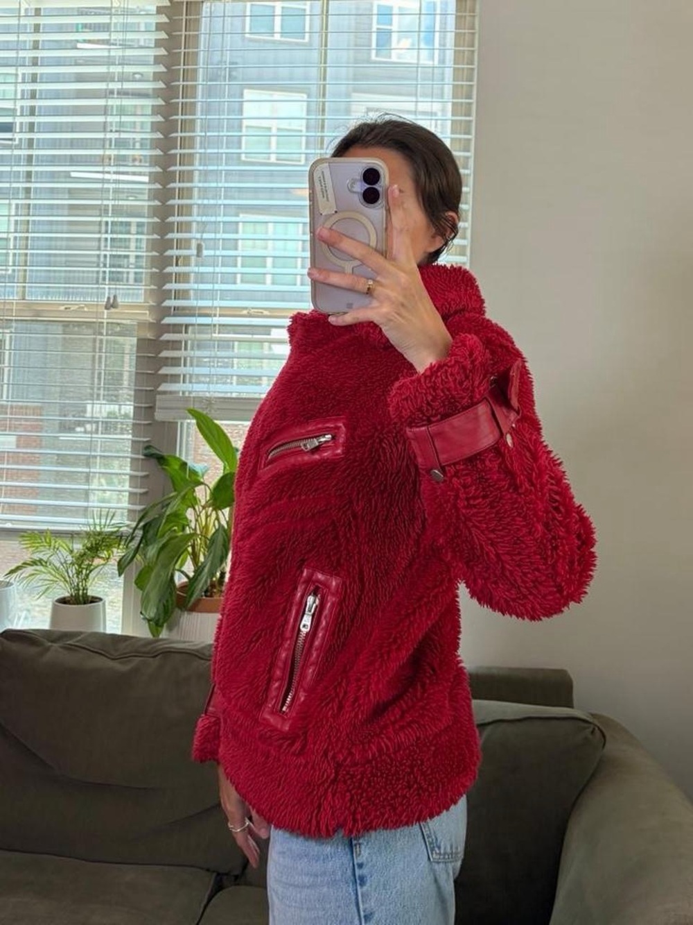 Avec les filles Faux Fur Moto Jacket in red - Picture 5 of 7